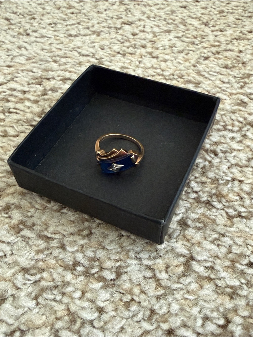 Vintage Gold-Tone Ring with Blue Enamel and Clear Stone